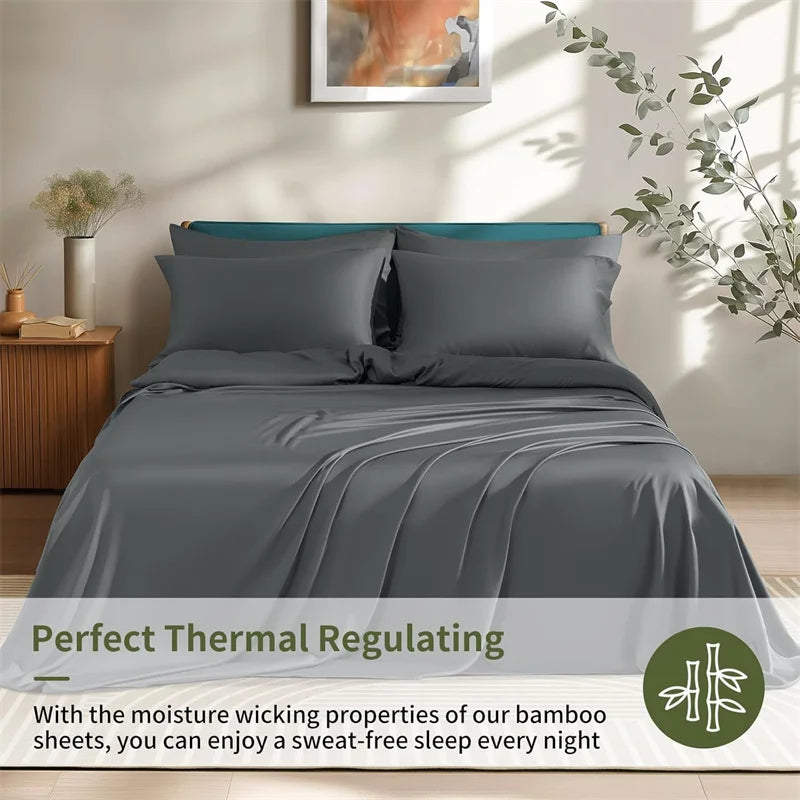 High End 100% Bamboo Bed Sheet Set Luxury Smooth Fitted Bed Sheet Flat Top Sheets Pillowcase Silky Cooling Bedding Set 4/6Pcs