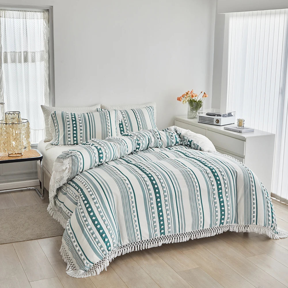 3-Pc Tassel Duvet Cover Set – Soft Polyester, All-Season