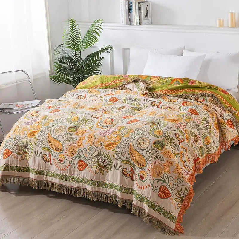 Lightweight Cotton Gauze Tassel Throw (Reversible, 4-Layer)