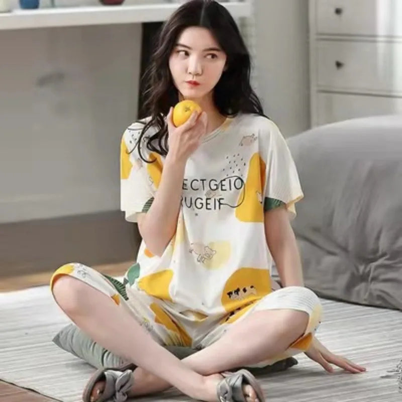 Women Sleepwear Half-Sleeve Seven-Quarter Pajamas