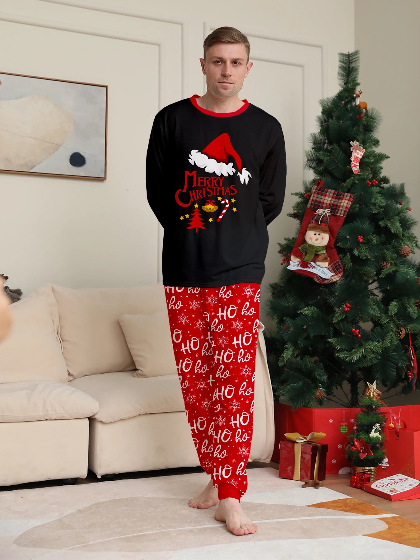 Festive Family Christmas Pajamas: Black with Santa Hat & 'Merry Christmas' + Red 'HO Ho' Pattern