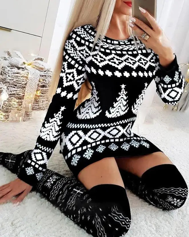 Christmas Dresses for Women Christmas Tree Print Long Sleeve O-neck Casual Bodycon Mini Dress 2022 Fashion Autumn