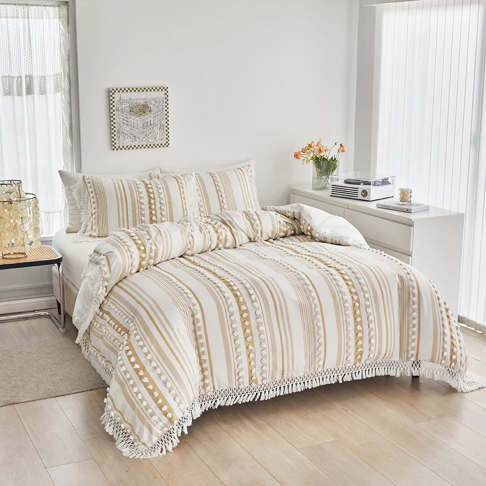 3-Pc Tassel Duvet Cover Set – Soft Polyester, All-Season