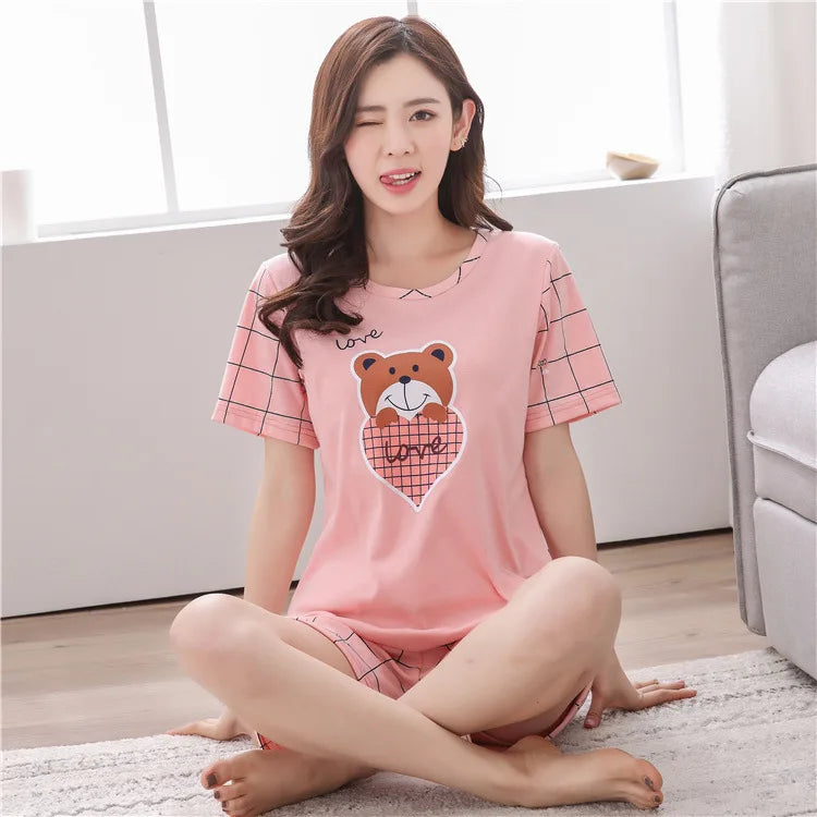 Women Thin Cute Sleepwear 2PCS Shirt Shorts Pajamas Set