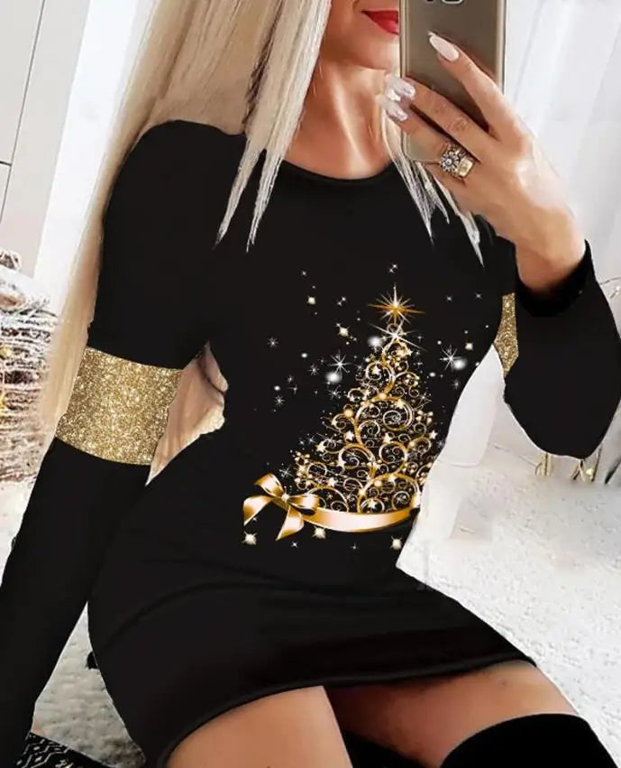 Christmas Dresses for Women Christmas Tree Print Long Sleeve O-neck Casual Bodycon Mini Dress 2022 Fashion Autumn