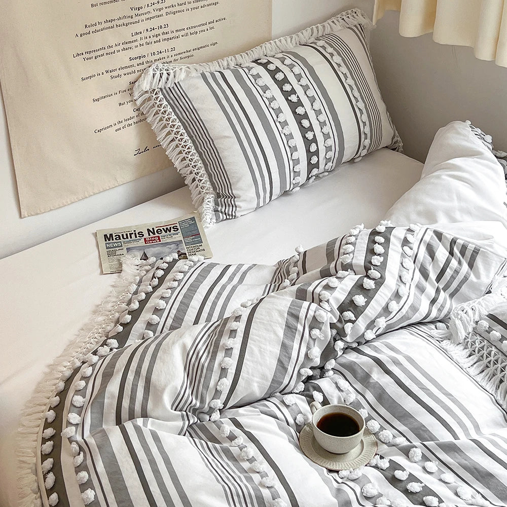 3-Pc Tassel Duvet Cover Set – Soft Polyester, All-Season