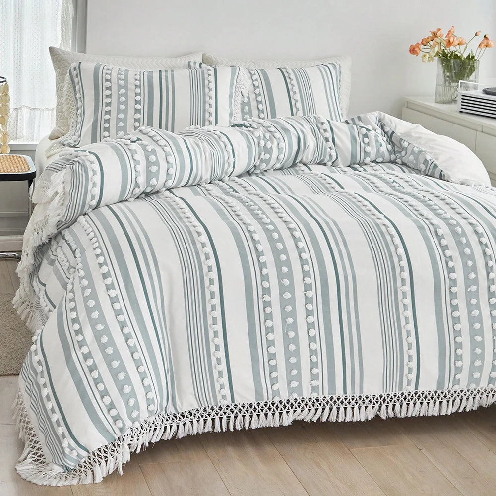 3-Pc Tassel Duvet Cover Set – Soft Polyester, All-Season