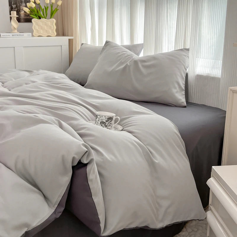 2-side Solid Color Brush Fabric Bed Set- 4 Pieces