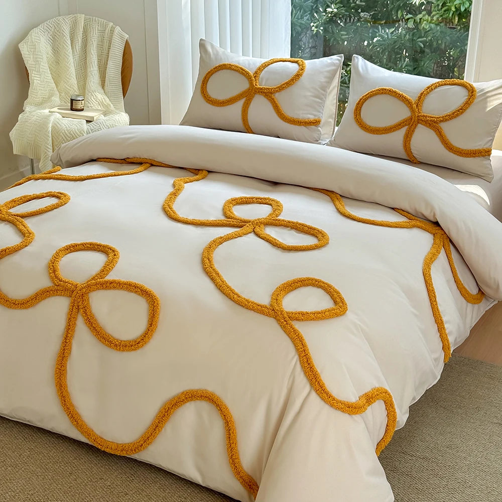 3-piece yellow tufted bowknot bedding cover set