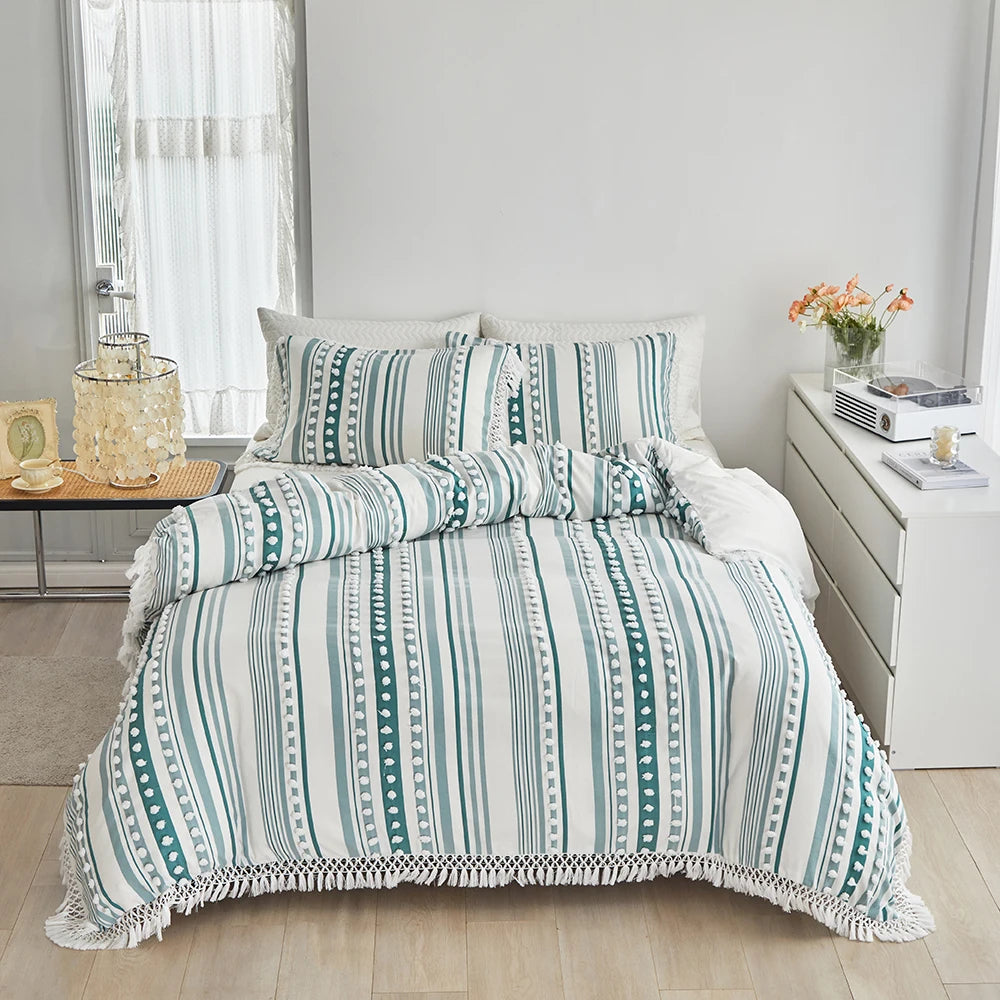3-Pc Tassel Duvet Cover Set – Soft Polyester, All-Season