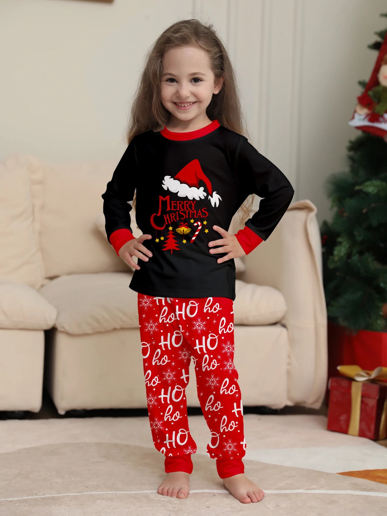 Festive Family Christmas Pajamas: Black with Santa Hat & 'Merry Christmas' + Red 'HO Ho' Pattern