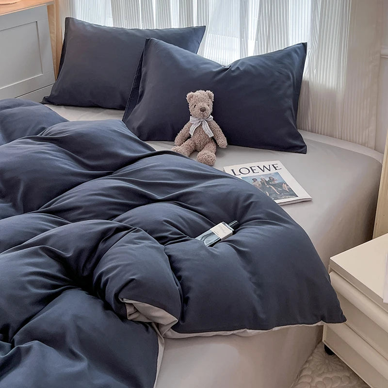 2-side Solid Color Brush Fabric Bed Set- 4 Pieces