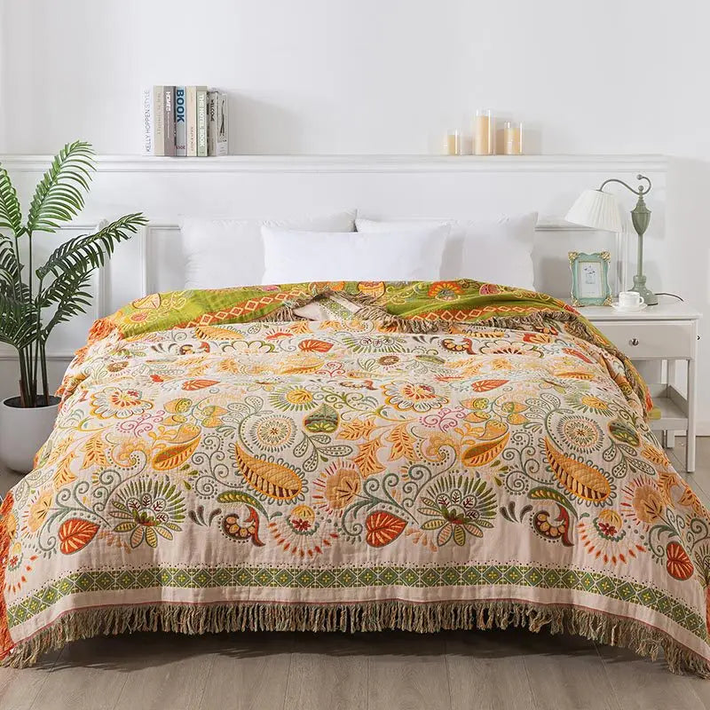 Lightweight Cotton Gauze Tassel Throw (Reversible, 4-Layer)
