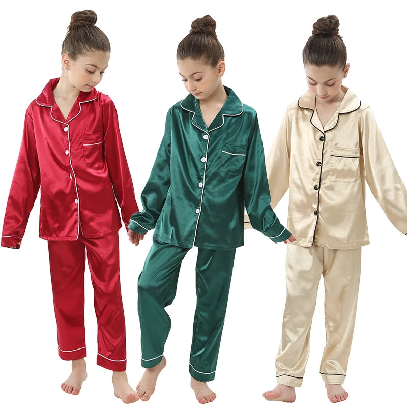 Unisex Christmas  Red Green Gold satin Pajamas 2-13 Years kids