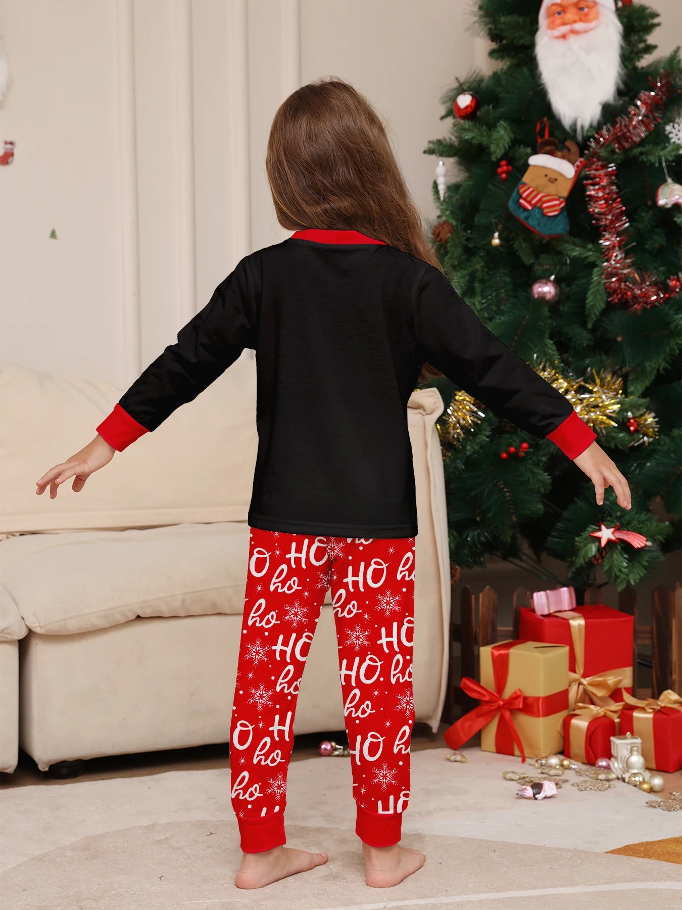 Festive Family Christmas Pajamas: Black with Santa Hat & 'Merry Christmas' + Red 'HO Ho' Pattern