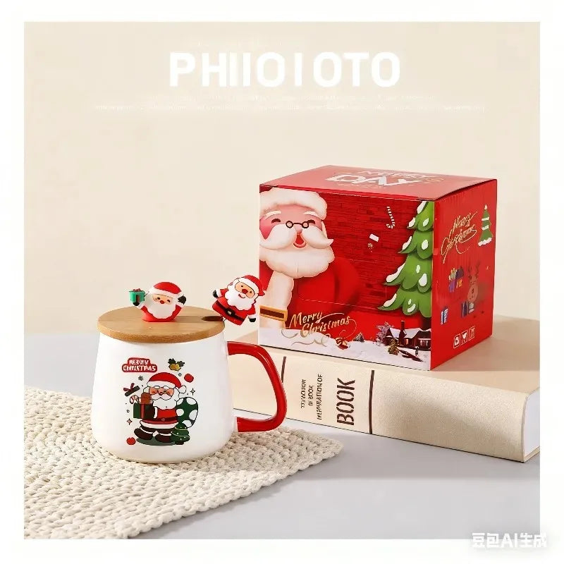 Christmas  ceramic mug with lid and spoon
