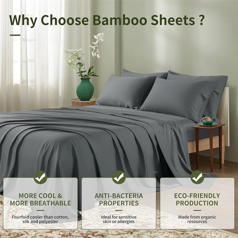 High End 100% Bamboo Bed Sheet Set Luxury Smooth Fitted Bed Sheet Flat Top Sheets Pillowcase Silky Cooling Bedding Set 4/6Pcs