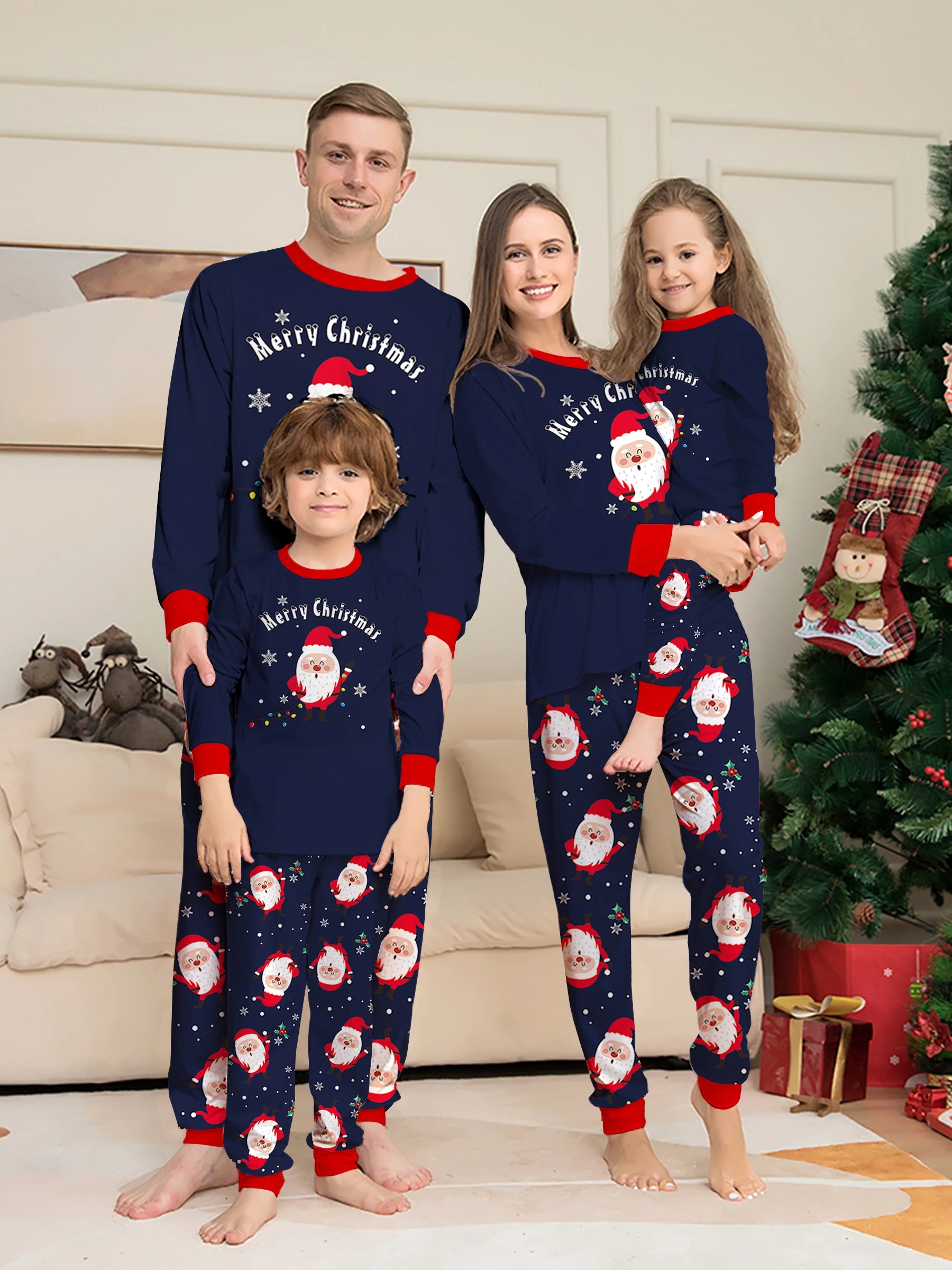 Christmas Family Pajamas - Navy Blue with Santa & Snowflake Prints, Festive Matching Sets for All