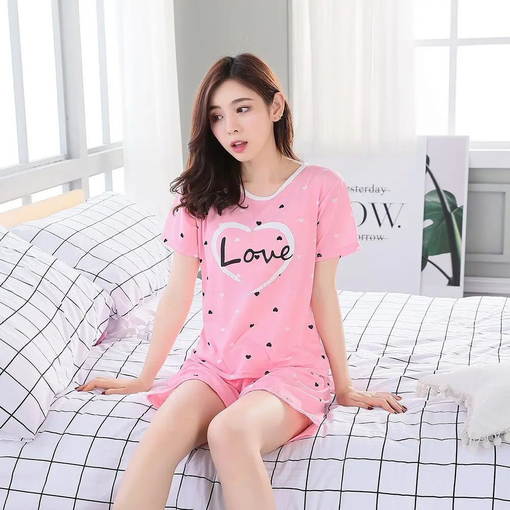 Women Thin Cute Sleepwear 2PCS Shirt Shorts Pajamas Set
