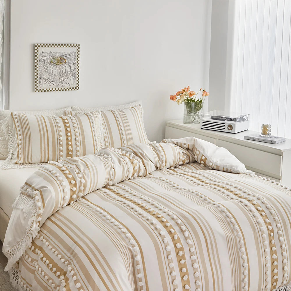 3-Pc Tassel Duvet Cover Set – Soft Polyester, All-Season