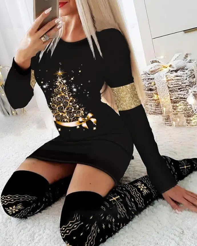 Christmas Dresses for Women Christmas Tree Print Long Sleeve O-neck Casual Bodycon Mini Dress 2022 Fashion Autumn