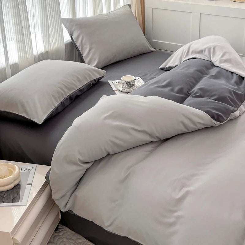 2-side Solid Color Brush Fabric Bed Set- 4 Pieces