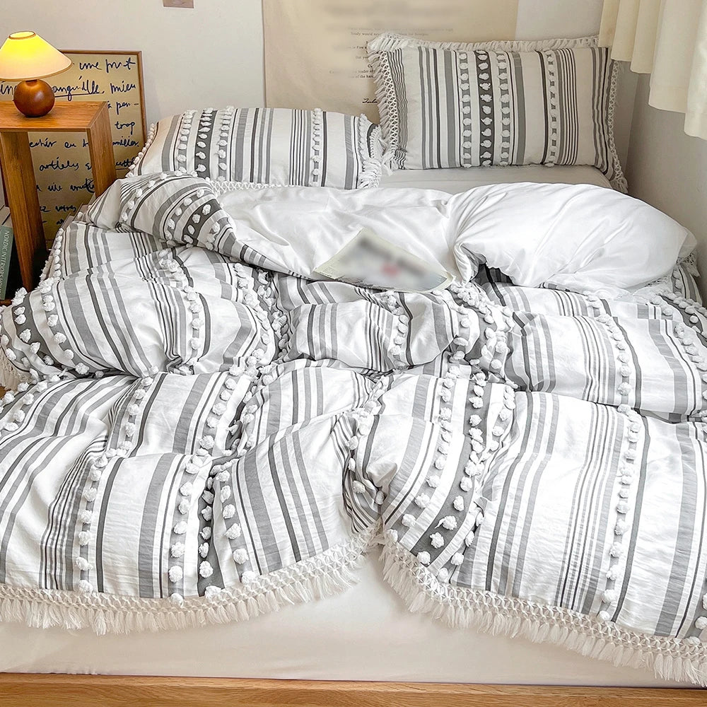 3-Pc Tassel Duvet Cover Set – Soft Polyester, All-Season