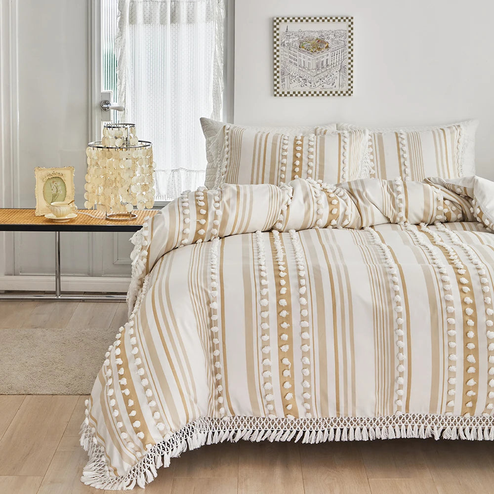 3-Pc Tassel Duvet Cover Set – Soft Polyester, All-Season