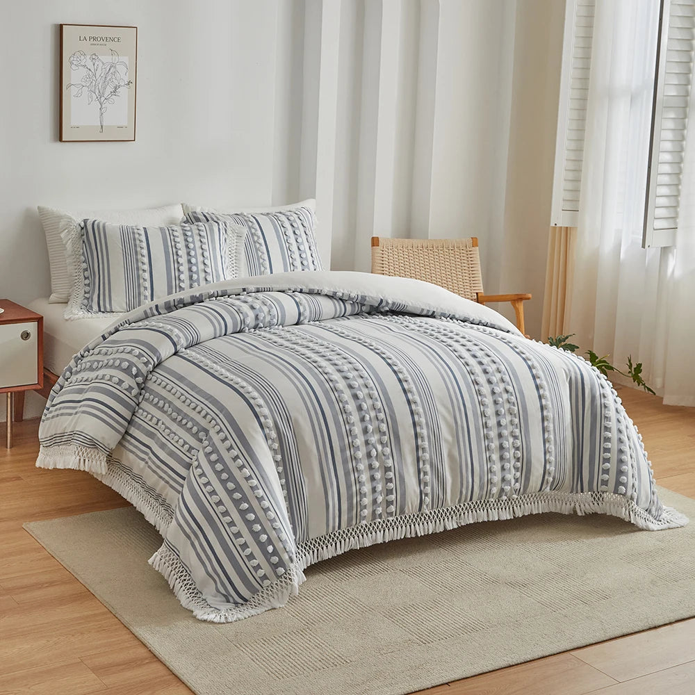 3-Pc Tassel Duvet Cover Set – Soft Polyester, All-Season
