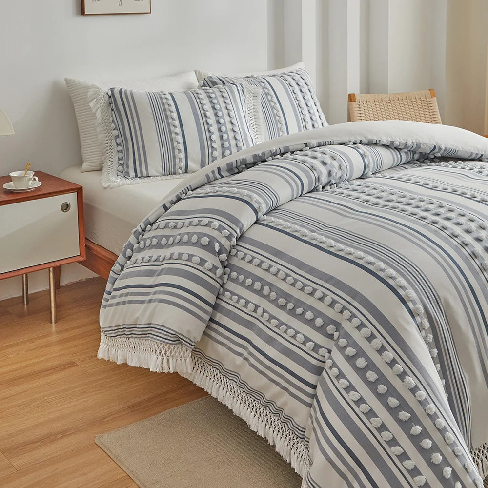 3-Pc Tassel Duvet Cover Set – Soft Polyester, All-Season