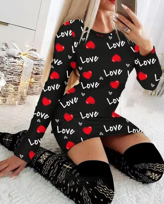 Christmas Dresses for Women Christmas Tree Print Long Sleeve O-neck Casual Bodycon Mini Dress 2022 Fashion Autumn