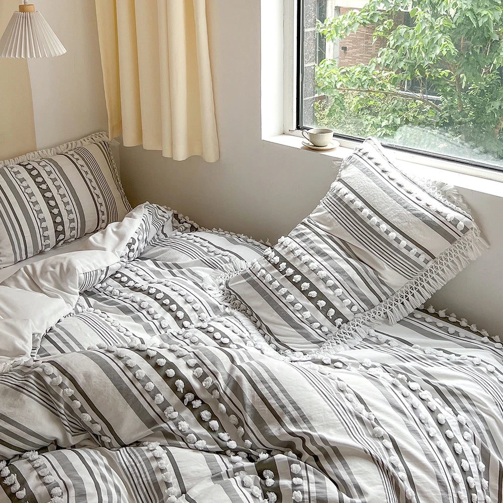 3-Pc Tassel Duvet Cover Set – Soft Polyester, All-Season