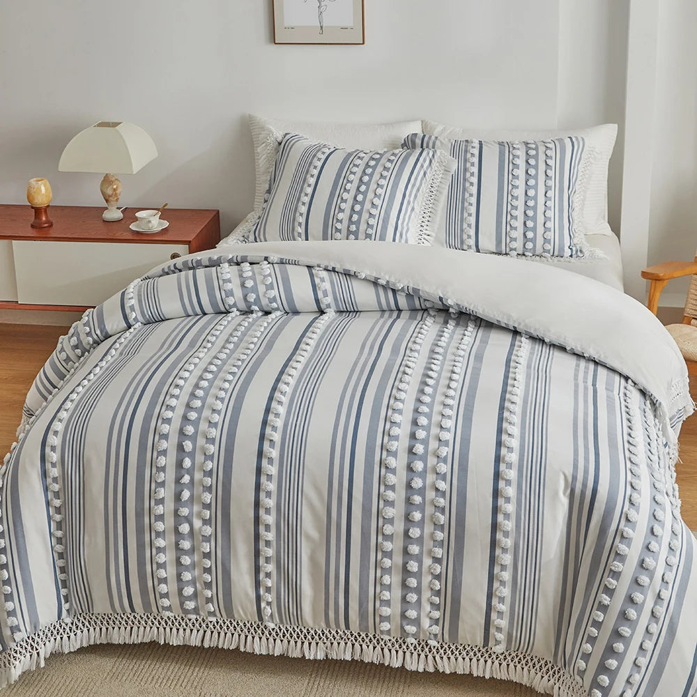 3-Pc Tassel Duvet Cover Set – Soft Polyester, All-Season