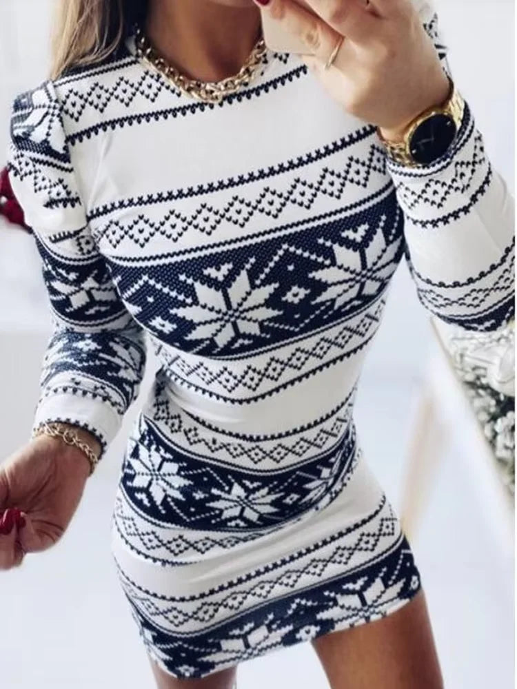 Christmas Dresses for Women Christmas Tree Print Long Sleeve O-neck Casual Bodycon Mini Dress 2022 Fashion Autumn