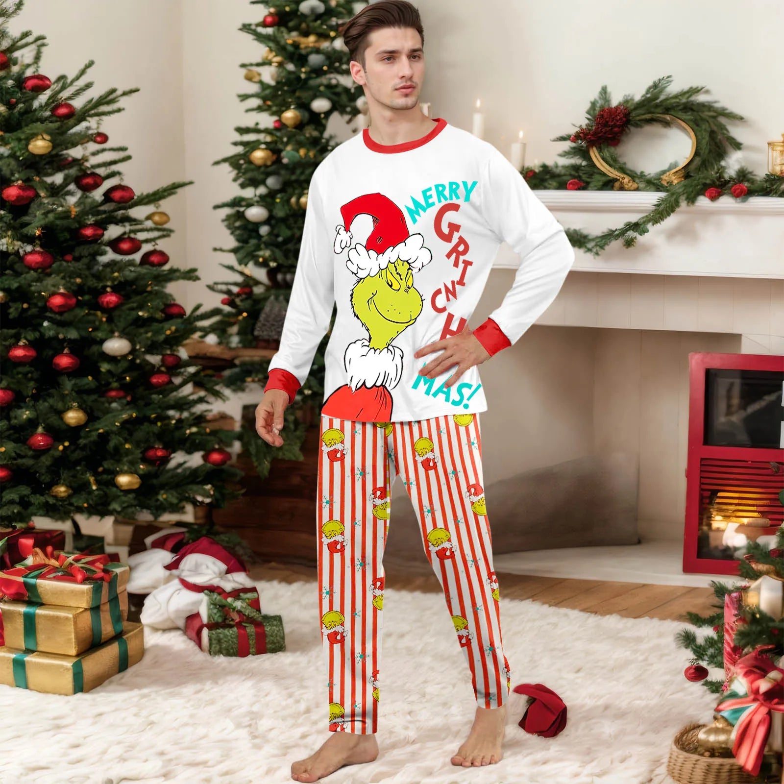 ﻿ Family Christmas Cartoon Print Pajamas Set, Cozy Holiday Pjs For Photo Shoots & Christmas Morning, Festive Family Sleepwear