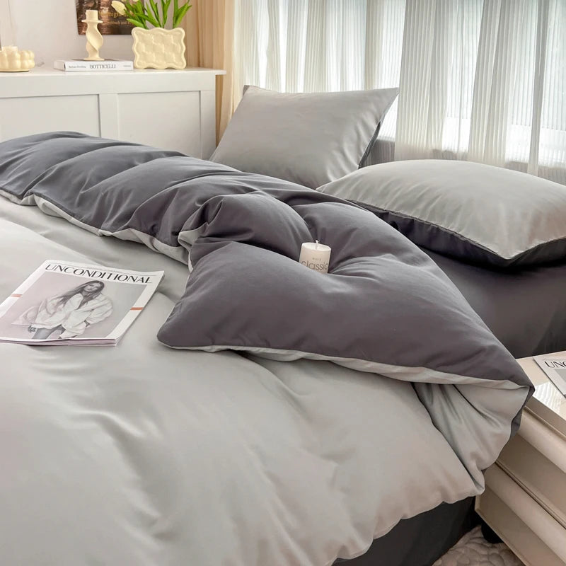 2-side Solid Color Brush Fabric Bed Set- 4 Pieces