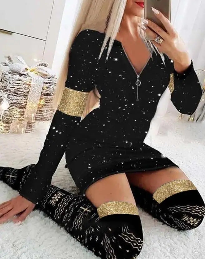 Christmas Dresses for Women Christmas Tree Print Long Sleeve O-neck Casual Bodycon Mini Dress 2022 Fashion Autumn