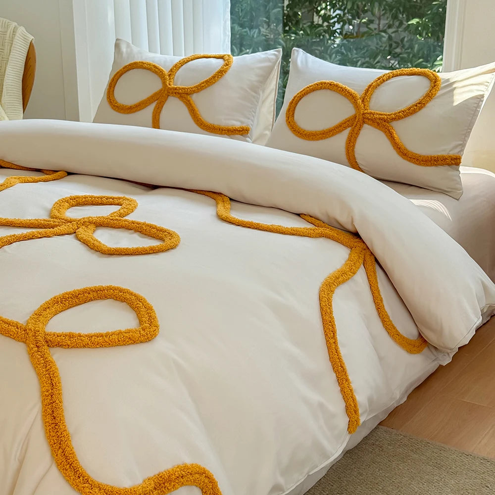 3-piece yellow tufted bowknot bedding cover set