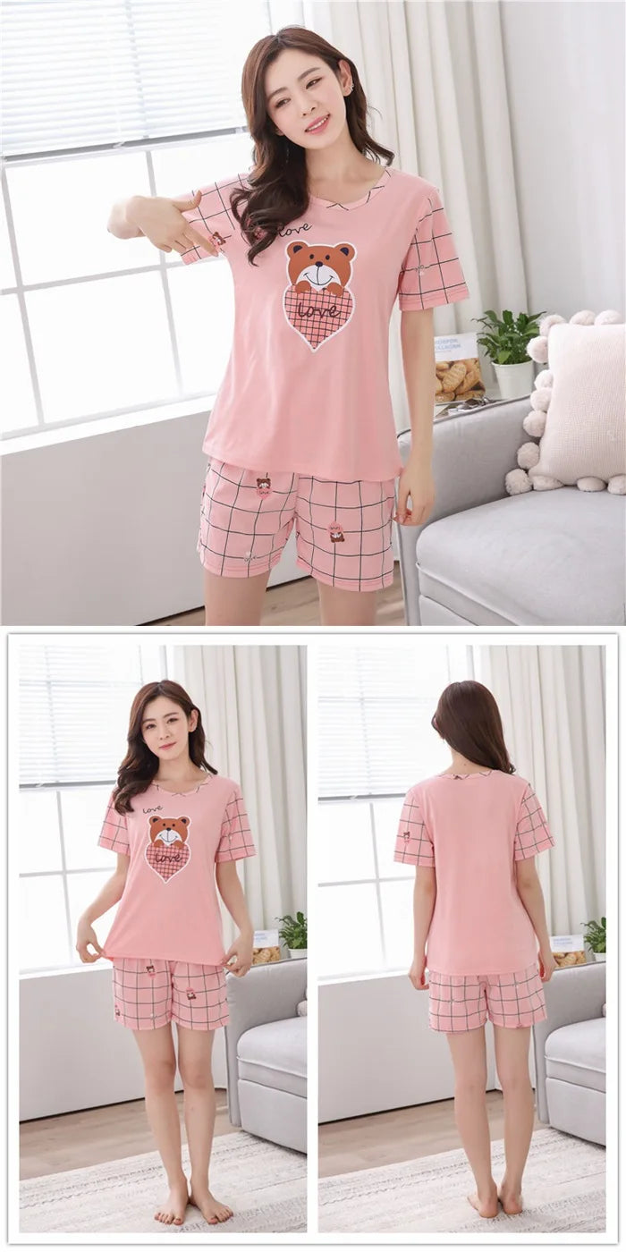 Women Thin Cute Sleepwear 2PCS Shirt Shorts Pajamas Set