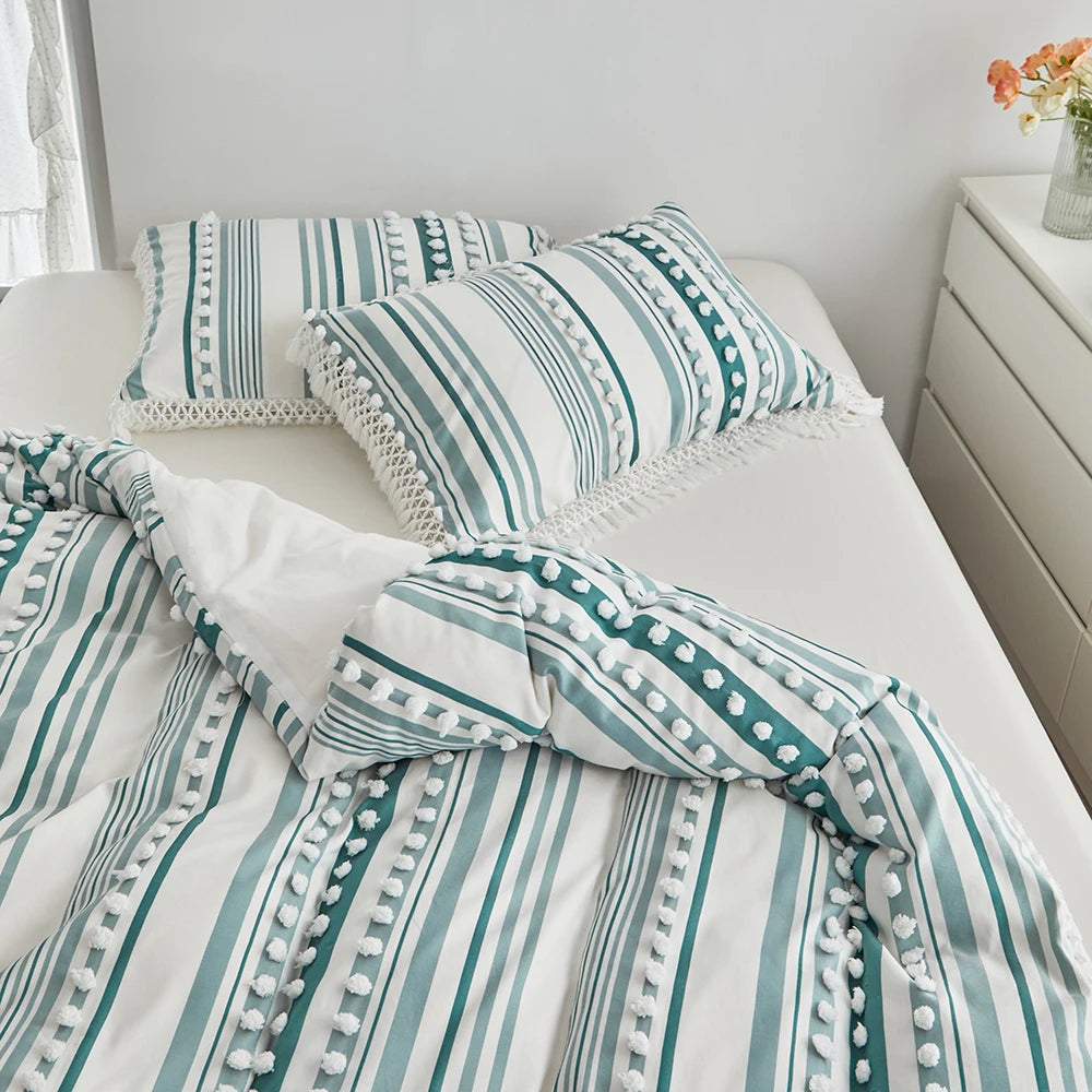 3-Pc Tassel Duvet Cover Set – Soft Polyester, All-Season