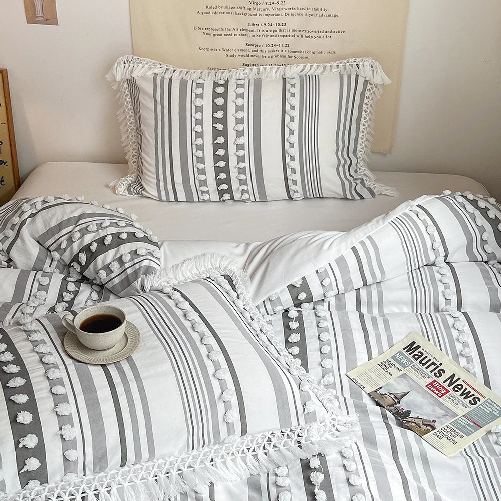 3-Pc Tassel Duvet Cover Set – Soft Polyester, All-Season