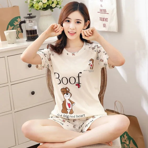 Women Thin Cute Sleepwear 2PCS Shirt Shorts Pajamas Set