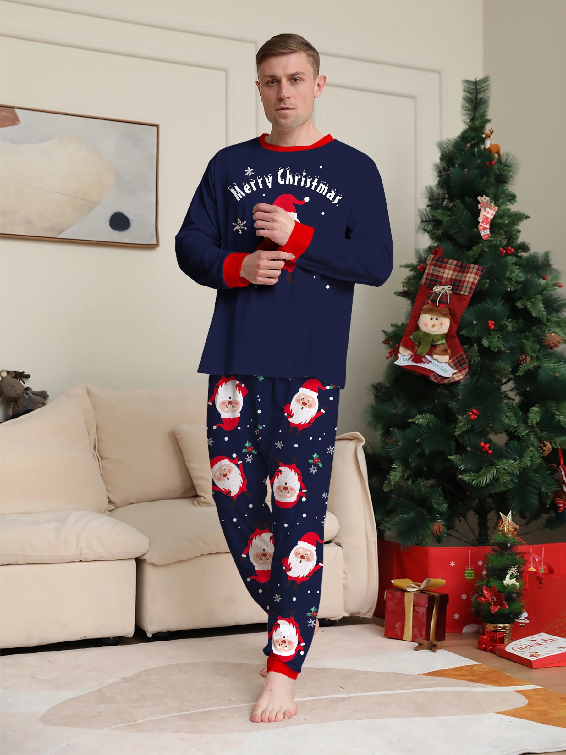 Christmas Family Pajamas - Navy Blue with Santa & Snowflake Prints, Festive Matching Sets for All