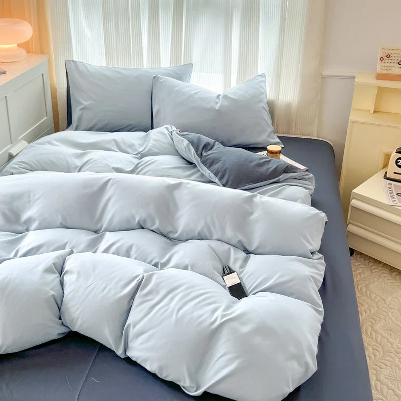 2-side Solid Color Brush Fabric Bed Set- 4 Pieces