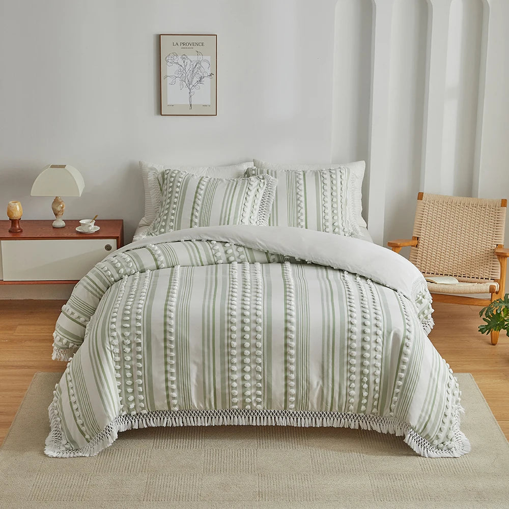 3-Pc Tassel Duvet Cover Set – Soft Polyester, All-Season