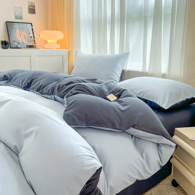 2-side Solid Color Brush Fabric Bed Set- 4 Pieces