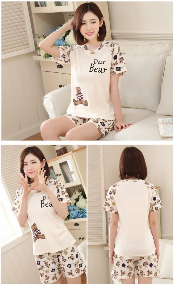 Women Thin Cute Sleepwear 2PCS Shirt Shorts Pajamas Set