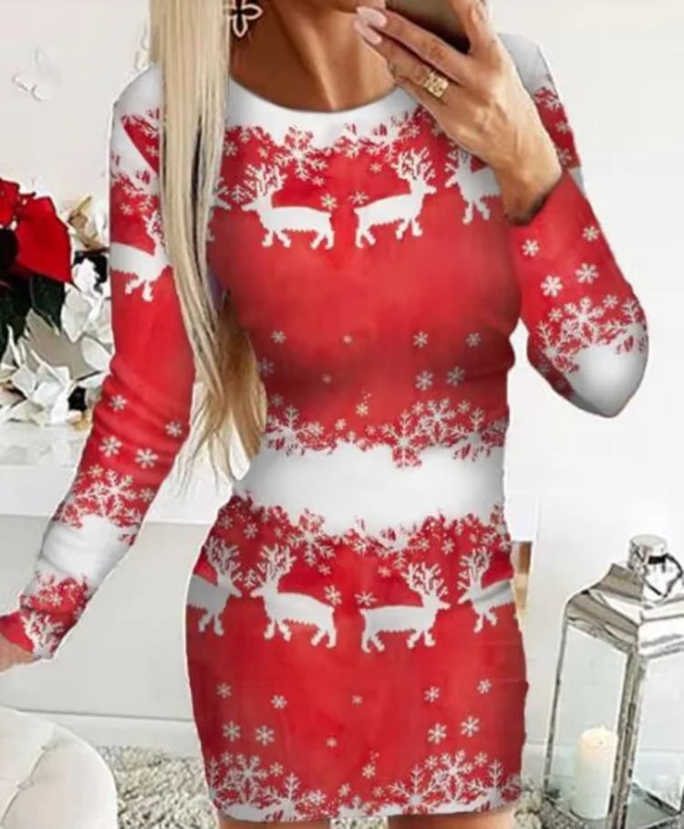 Christmas Dresses for Women Christmas Tree Print Long Sleeve O-neck Casual Bodycon Mini Dress 2022 Fashion Autumn