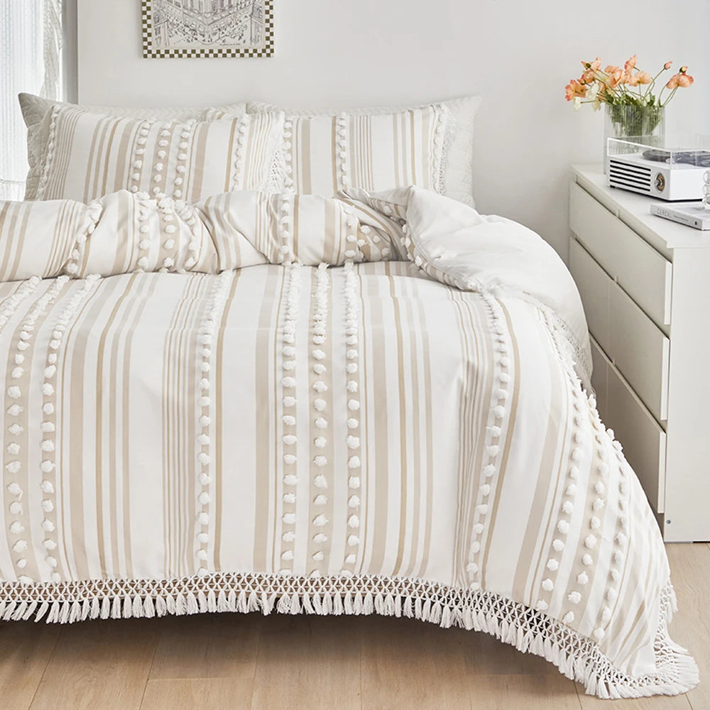 3-Pc Tassel Duvet Cover Set – Soft Polyester, All-Season