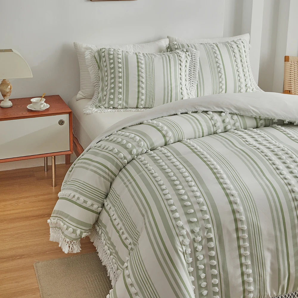 3-Pc Tassel Duvet Cover Set – Soft Polyester, All-Season